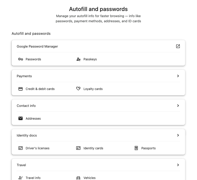 Chrome’s real Autofill and passwords settings, with the Contact info and Addresses categories visible.