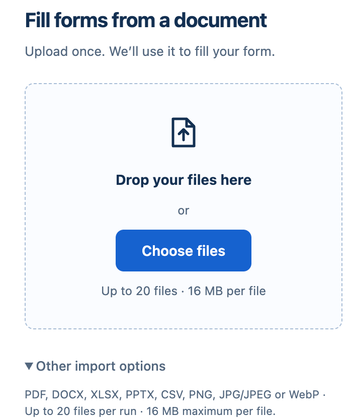 Archived FormBlessed file chooser lists XLSX among supported file types.