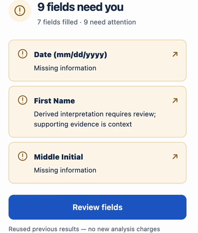 FormBlessed displays missing-information and derived-interpretation warnings above Review fields.