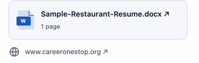 FormBlessed shows the sample résumé filename and the CareerOneStop destination domain.