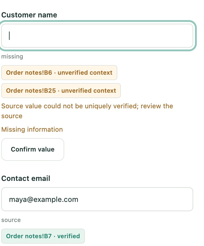 Archived workbook review shows a missing customer name and two worksheet references marked unverified context.