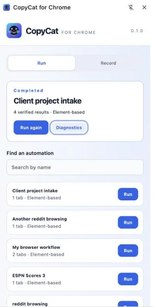 CopyCat for Chrome side panel listing saved automations after a completed run